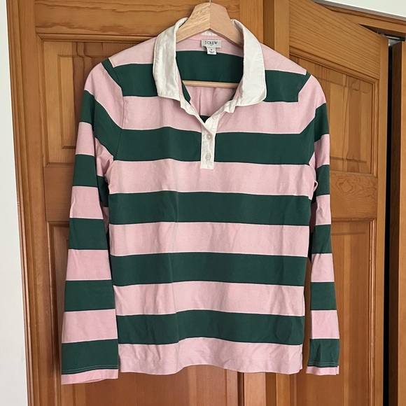 J. Crew Tops - J. Crew Pink and Dark Green Striped Rugby Shirt